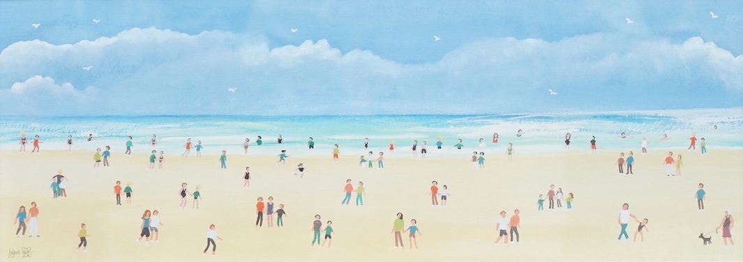 Judy Joel (Contemporary), Figures on the beach, signed, Naive style gouache, 17 x 47cm